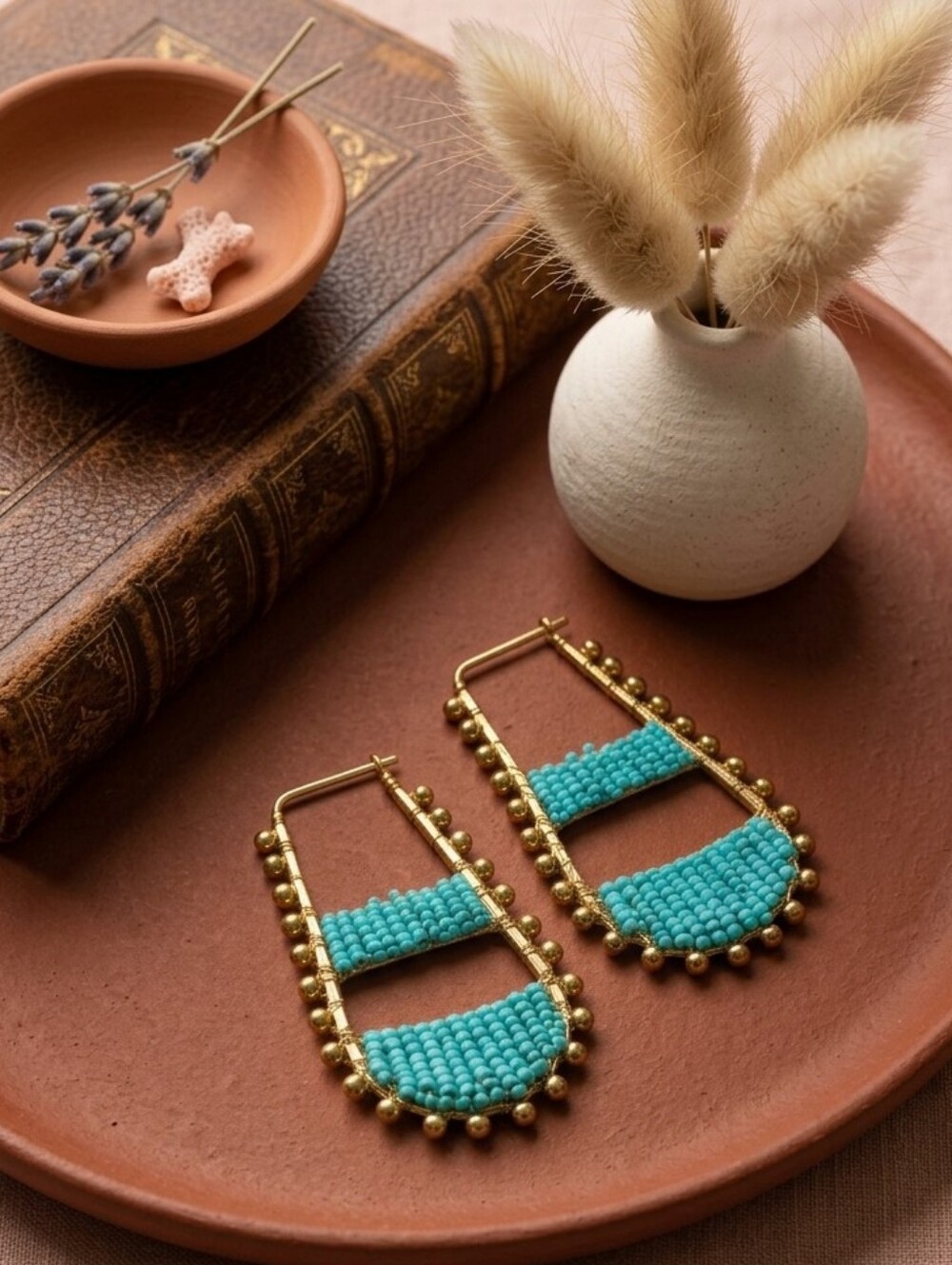 Aqua Turquoise Seed Bead Statement Hoop Earrings Boho Artisan Gold Woven 2"